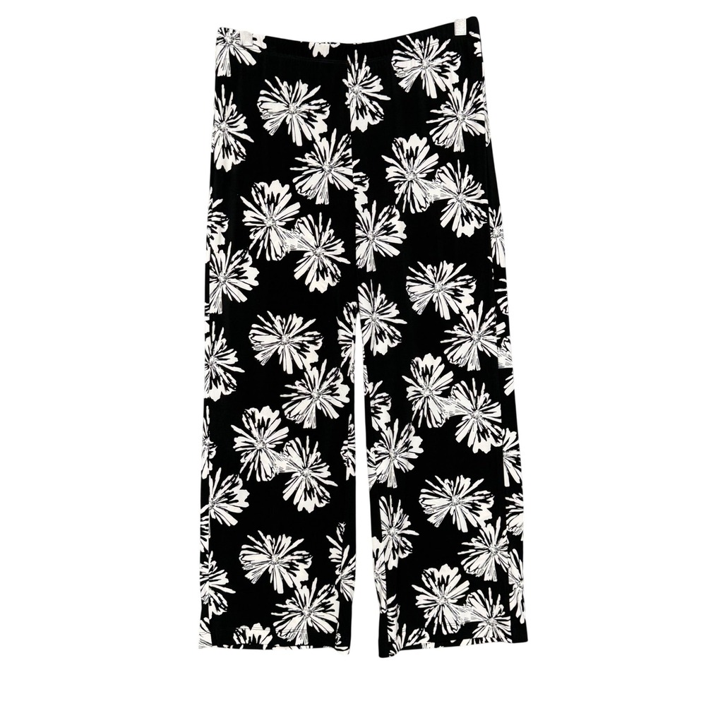 Chicos Pants 0 Womens 4 Black White Floral Daisy Wide Leg Pull On Elastic Waist